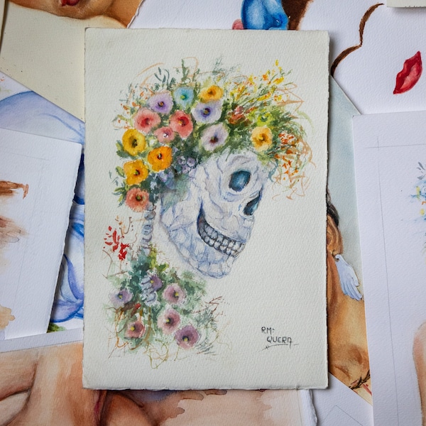 Aquarelle fleurs  « Tête de mort contente »