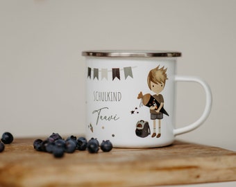 Tasse zur Einschulung, Einschulungsgeschenk, Tasse Einschulung individualisierbar, Tasse Schulkind, Emailletasse Geschenk Einschulung, Tasse