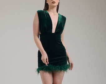 Emerald Green Feathered Dress, Velvet Short Cocktail Dress, Elegant Dress, Mini Party Dress