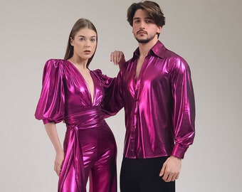 Matching Fuchsia Party Outfit For Couples, Party Clothes For Spouses, Bright Studio 54 Outfit, Metallic Disco Outfit, Twin Set
