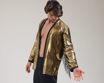 Men's Gold Jacket, Men's Stage Costume, Burningman Outfit, Men's Fringed Jacket, Rave Jacket, Festival Jacket, Shiny Kimono