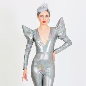 Hologramm Futuristisches Kostüm, Übertriebene Schultern Overall, David Bowie Hallowen-en Kostüm, Space Age Bodysuit, Rave Festival Cyber