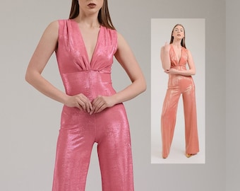 Pink Glitter Jumpsuit, Deep V Jumpsuit, Formal Nightwear, Wide Leg Jumpsuit, Sparkly Party Outfit, Studyo 54 Jumpsuit