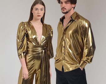 Gouden bijpassende disco-outfit voor koppels, jaren 70 feest Aba-kostuum, Studio 54-jumpsuit - shirt heren, outfits voor hem en haar, retro jubileumkleding
