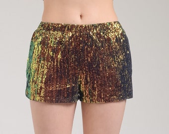 Hologram Sequin Shorts, Burning Man Outfit, Rave Festival Clothing, Men's Iridescent Shorts, Matching Disco Party Clothes