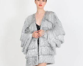 Silver Tinsel Fringe Jacket, Bridal Wedding Jacket, Birthday Cool Jacket, Cher Costume, Eras Tour Jacket, Funk Party Jacket, Mardi Gras