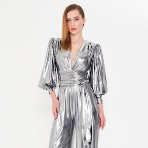 Silver Deep V Wide Leg Jumpsuit, 70s Cher Party Costume, Studio 54 Outfit, Disco Party Outfit, Metallic 80s Evening Dress, Gift for Women
