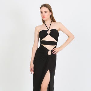 Black Cut Out Maxi Dress, Halter Ring Detail Slit Gown, Sexy Open Front Bodycon Party Dress, Nightclub Dress, Dancer Festival Outfit