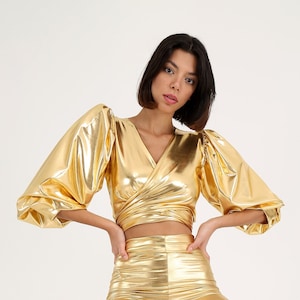 Gold Metallic Top,  Rave Outfit, Bell Sleeve Top, Burning Man Clothing, Unique Retro Outfit