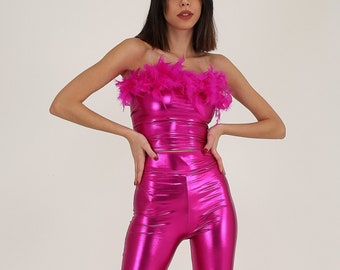 Two-piece Furry Jumpsuit, Party Dress, Fuchsia Metallic Jumpsuit, Festival Clothes, Feathered Stage Costume, Bell Disco Outfit