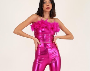 Feather Metallic Jumpsuit, New Year's Eve Hot Pink Barbi Disco Outfit, Studio54 Cher Costume, Birthday Party Dress, Festival Over The Top