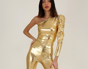 Metallic Gold Jumpsuit, Studio54 Outfit, One Shoulder Jumpsuit, Barbi Dance Costume, 70s Disco Clothing, Birthday Party Dress, Cher Jumpsuit