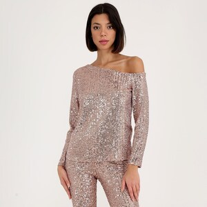 Sequined Pants & Blouse, Stylish Cold Shoulder, Sequined Formal Blouse, One Shoulder Cocktail Top, Noble Sequin Suit, Big Plus Size