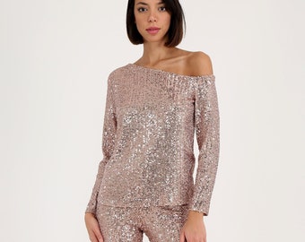 Sequined Pants & Blouse, Stylish Cold Shoulder, Sequined Formal Blouse, One Shoulder Cocktail Top, Noble Sequin Suit, Big Plus Size