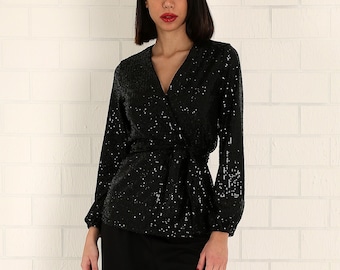 Black Sequined Wrap Blouse, Formal Evening Wear, Sparkly Blouse, Cocktail Clothing, Reception Outfit, Guest Sequined Clothing