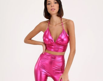 Fuchsia Metallic Disco Outfit: Bustier and Bell Bottom Pants Set