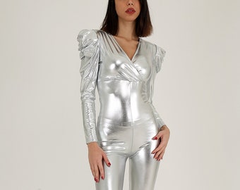 Metallic Silver Long Sleeve V Neck JUMPSUIT With Flared Legs – 70s