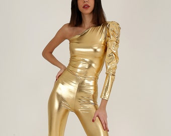 Gold Disco Jumpsuit, Cold Shoulder Party Jumpsuit, Metallic Outfit, 1970s Style Outfit, Studio 54 Jumpsuit