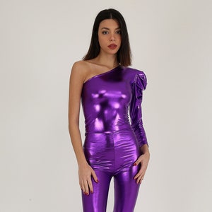 Metallic Purple Jumpsuit, One Shoulder Romper, Birthday Party Dress, 70s Studio54 Outfit, Aba Dance Festival Costume, Disco Queen Mamma Mia