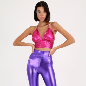 Rainbow Bustier and Pants Set, Summer Metallic Disco Outfit, Purple Shiny Rave Outfit, 80s Bell Bottoms Party Outfit, Aba Festival Costume