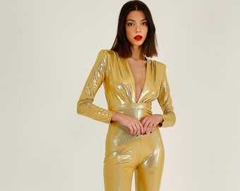 Deep V Evening Dress Jumpsuit, Gold Formal Jumpsuit, Cocktail Dresses, Sexy Party Jumpsuit