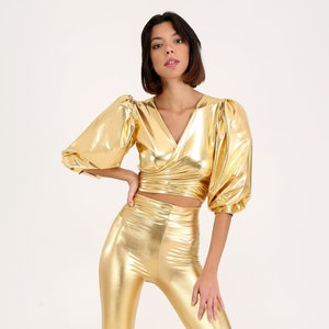 Gold Metallic Disco Outfit, 70s Birthday Costume, Two Pieces Aba Jumpsuit, Rave Festival Dance Outfit, Retro Stage Studio 54 Party Clothing