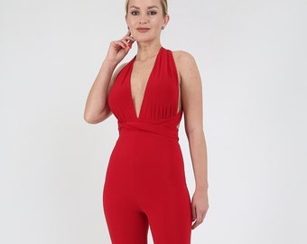 Convertible Red Jumpsuit, Multi Way Homecoming, Infinity Bridesmaid Jumpsuit