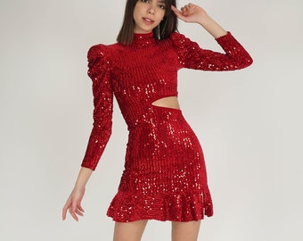 Red Sequin Dress, Sparkly Cocktail Party Gown, Sweet 16 Dress, Puff Sleeve Mini Dress