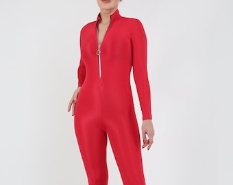 Red Zippered Catsuit ,Lycra Body Suit, Bodycon Jumpsuit, Holiday Clothing