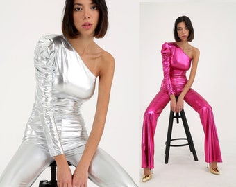 Party Outfit, Metallic Silver Disco Jumpsuit, Cold Shoulder Party Jumpsuit, 1970s Style Outfit, Studio 54 Outfit