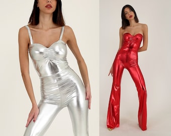 Sweetheart Silver Jumpsuit, Pink Costume, Metallic Party Jumpsuit, Burning Man Outfit, Straps-Strapless Jumpsuit, Unique Show Costume