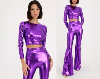 Purple Bell Bottoms Pants, Shiny Metallic Flare, Festival Pants, Metallic Party Clothing, Halloween Unique Costume, Neon Pants Crop Set