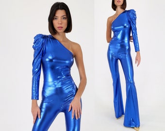 Costume da mago regina, tuta con spalle scoperte, tuta a campana blu metallizzata, abito stile anni '70, abbigliamento da festa, abito Studio 54