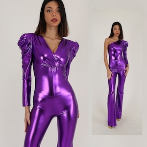 Purple Cold Shoulder Jumpsuit, Metallic Disco Bell Bottoms, Gigot Sleeve Jumpsuit, Sparkling Formal Cocktail Jumpsuit