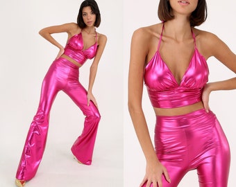 Metallic Bell Bottoms Suit, Rave Outfit Women Set,  Shiny Party Outfit, Sparkly Twin Set, 1980s Style Disco Clothing