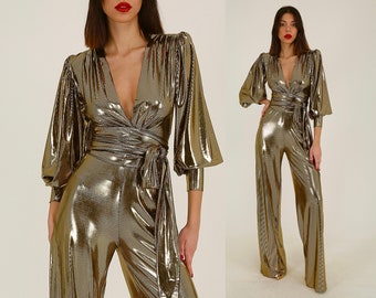 Gold Jumpsuit mit weitem Bein, helles Studio 54 Outfit, edler Jumpsuit, Partykleidung für Eheleute, tiefer V-Design Jumpsuit, Empfänge Gastkleid