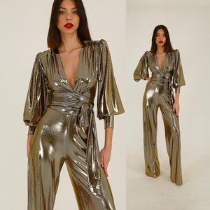 Gold Wide Leg Jumpsuit, Bright Studio 54 Outfit, Noble Jumpsuit, Party Clothes For Spouses, Deep V Design Jumpsuit, Receptions Guest Dress