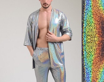 Iridescent Edm Outfit, Men's Hologram Kimono, Burning Man Party Outfit, Rave Jacket, Festival Jacket Pants Set