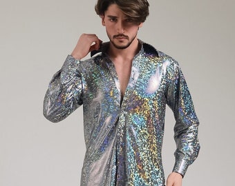 70s Disco Shirt Men, Holographic Festival Shirt, Rave Aba Man Wear, Studio 54 Outfit, Burning Man Costume, Iridescent Stage Shirt for Him