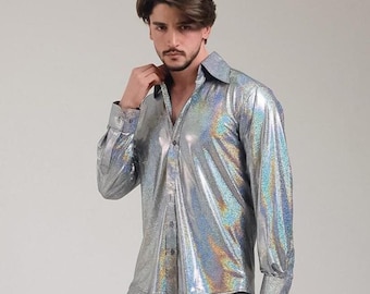 Holographic Disco Man Shirt and Pants, Studio54 Man Outfit, 70s Metallic Shirt Set, Sparkle Rave Burning Man, Shiny Festival Party Mens Wear