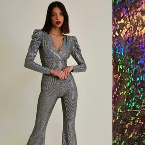 Hologram Disco Jumpsuit, Glitter 70s Aba, Studio 54 Outfit, Mamma Mia Costume, Iridescent Burning Man, Silver Rave Festival Wear, Rainbow
