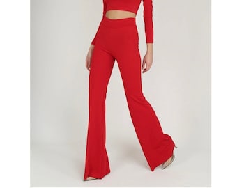 Red High Waist Bell Bottoms Pants and Top Set,Two piece set