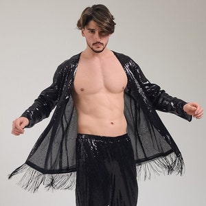 Giacca nera con paillettes da uomo, completo da festa Burning Man, giacca da rave, kimono con paillettes, pantaloni larghi con paillettes, set giacca e pantaloni da festival