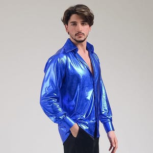1970s Metallic Man Shirt, Blue Disco Shirt, Studio 54 Man Outfit, Burning Man Costume, Matching Outfit, Mardi Gras Outfit