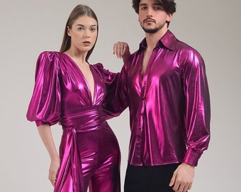 Matching Outfit Couples, 70s Disco Party Clothing, Hot Pink Studio 54 Jumpsuit Shirt, His and Hers Outfits, Metallic Anniversary Costume