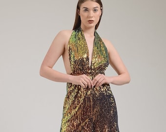 Hologram Shorts Jumpsuit, 70s Jumpsuit, Disco Outfit, Gold Sequin Jumpsuit, Festival Outfit, Burning Man Outfit, Party Clothing