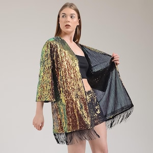 Iridescent Festival Outfit, Short Holographic Rave Jacket, Gold Fringed Kimono, Sequin Summer Party Set for Women, Cute Beach Party Wear