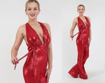 Metallic Red Jumpsuit, Bell Bottom Disco Costume, Studio 54 Outfit
