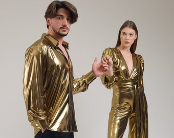 Gold Matched Set, Stage Show Costume, Party Clothes For Spouses, Bright Studio 54 Outfit, Metallic Disco Outfit, Twin Set Of Clothes