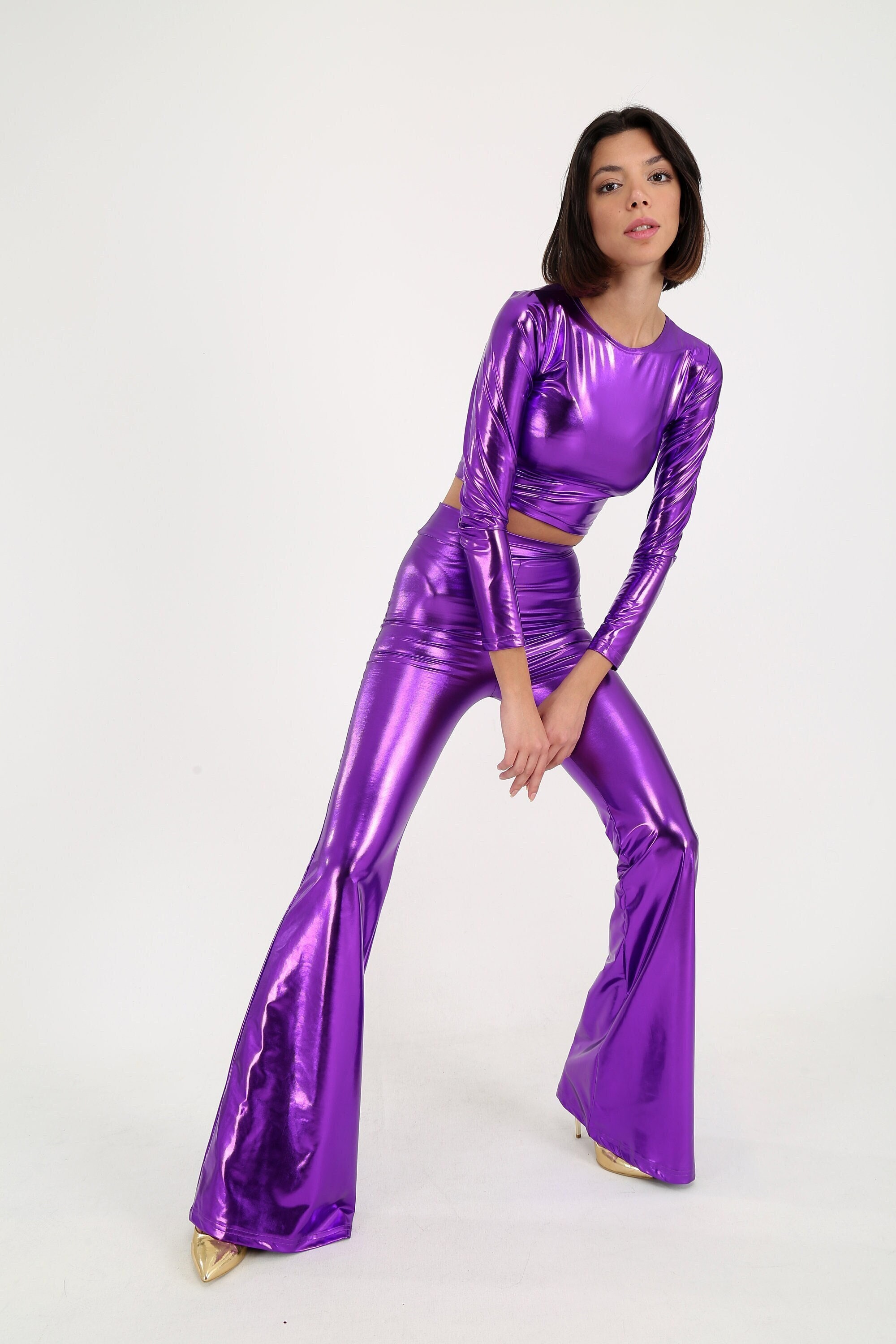 Purple Bell Bottoms Pants, Neon Pants Crop Set, Metallic